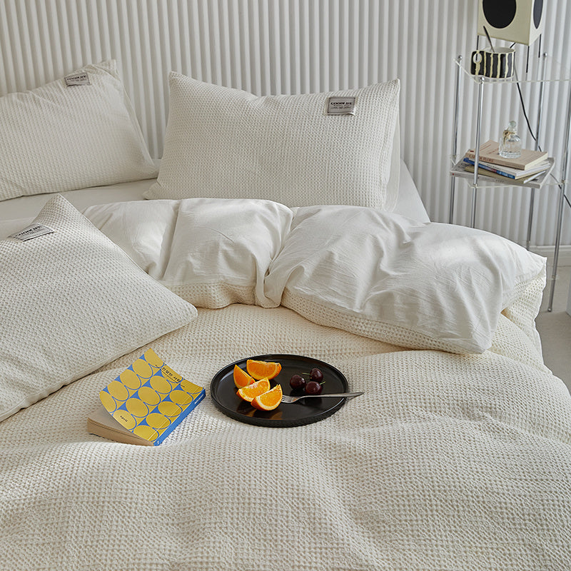 KTX-400915 White Waffle Cotton Bed Set - Four Piece Thermal Bedding Collection