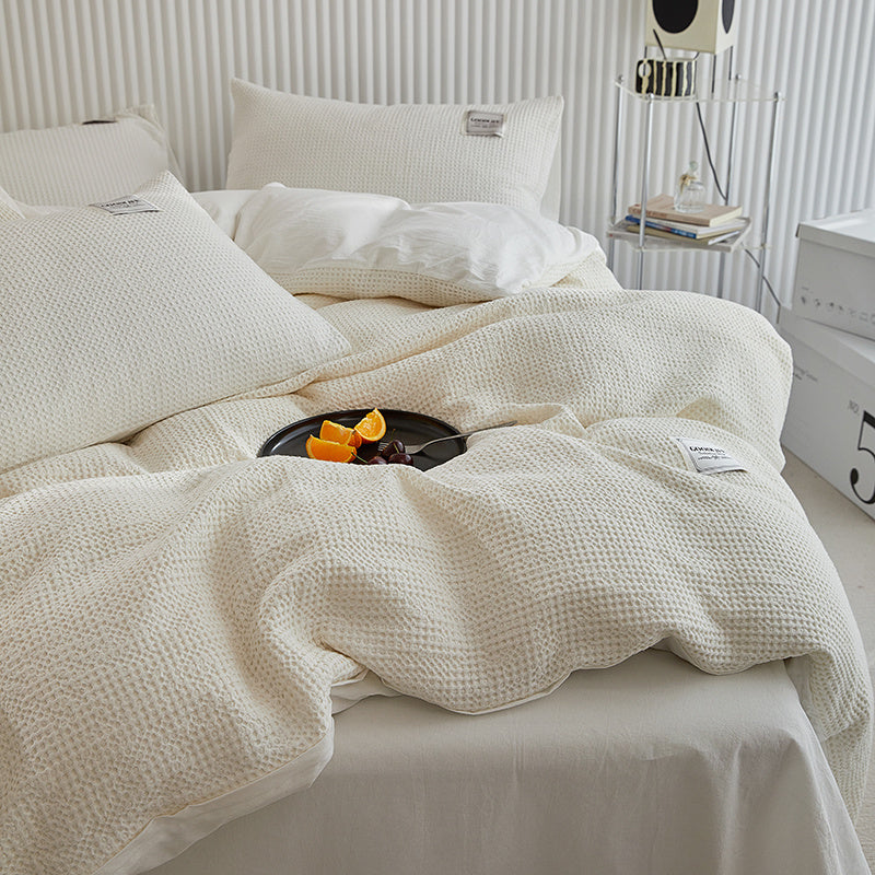 KTX-400915 White Waffle Cotton Bed Set - Four Piece Thermal Bedding Collection