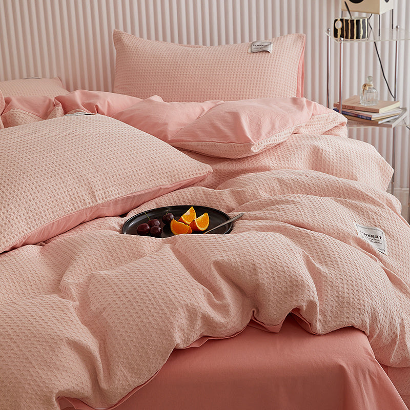 KTX-400915 White Waffle Cotton Bed Set - Four Piece Thermal Bedding Collection