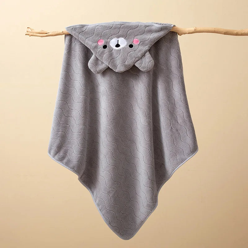 KTX-401747 Kids Animal Print Coral Fleece Hooded Bath Towel for Quick Drying and Comfortable Use