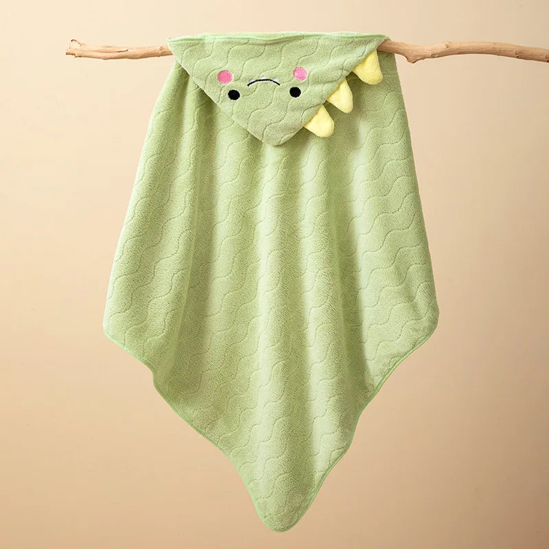 KTX-401747 Kids Animal Print Coral Fleece Hooded Bath Towel for Quick Drying and Comfortable Use