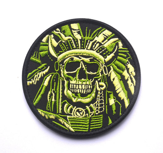 KTX-402899 Minimally Designed Striped Death Skull Embroidered Velcro Badge in Green and Gray