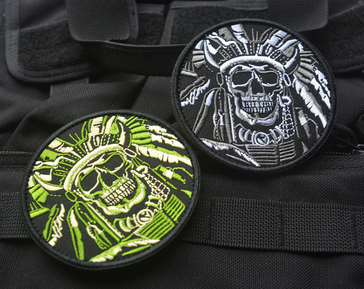 KTX-402899 Minimally Designed Striped Death Skull Embroidered Velcro Badge in Green and Gray