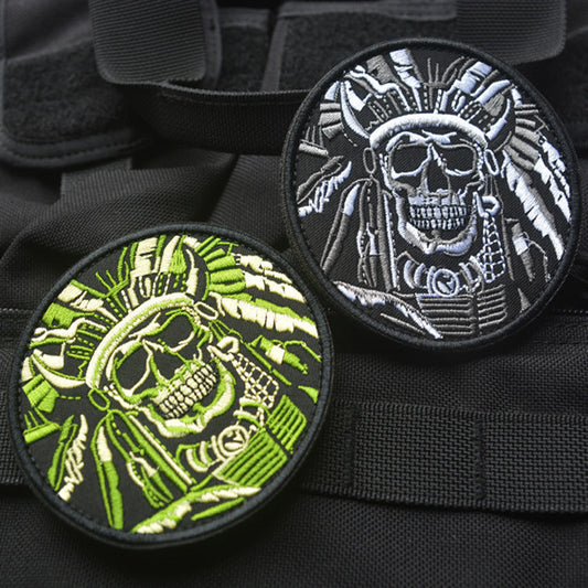 KTX-402899 Minimally Designed Striped Death Skull Embroidered Velcro Badge in Green and Gray
