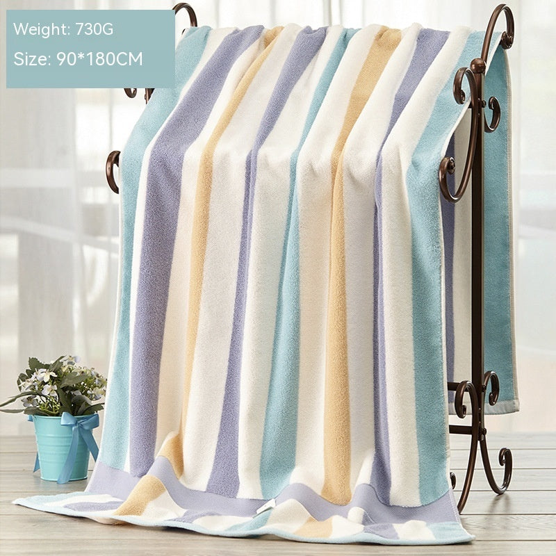 KTX-403795 Large Cotton Bath Towel - Blue and Pink Striped, Absorbent, 90x180 cm