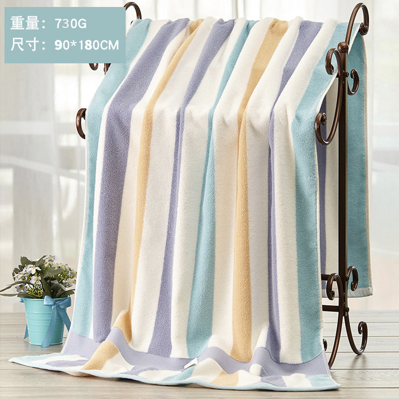 KTX-403795 Large Cotton Bath Towel - Blue and Pink Striped, Absorbent, 90x180 cm