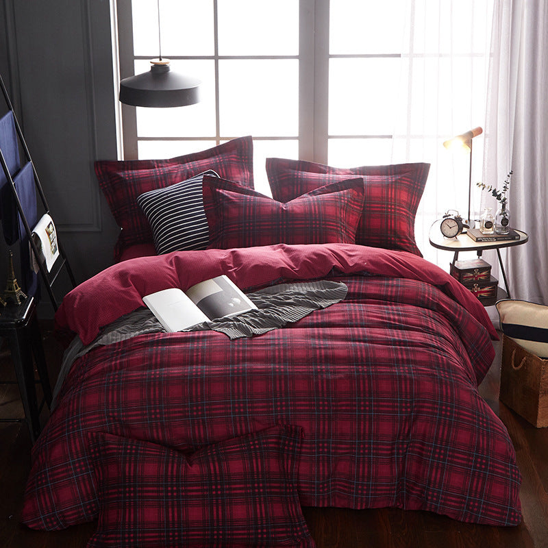 KTX-404371 Cotton Brushed Striped Plaid Four-Piece Set