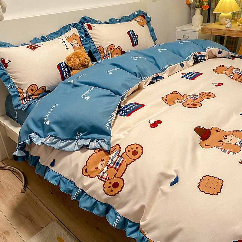 KTX-405203 Princess Style Four-Piece Heart Duvet Cover Set for Girls - Summer Bedding Collection in Various Lace Styles