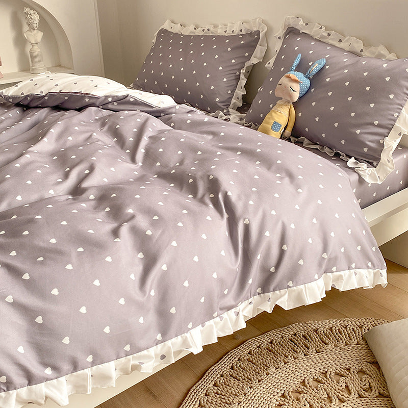 KTX-405203 Princess Style Four-Piece Heart Duvet Cover Set for Girls - Summer Bedding Collection in Various Lace Styles