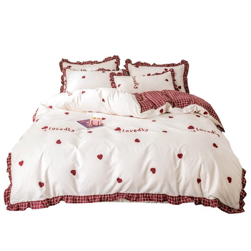 KTX-405203 Princess Style Four-Piece Heart Duvet Cover Set for Girls - Summer Bedding Collection in Various Lace Styles