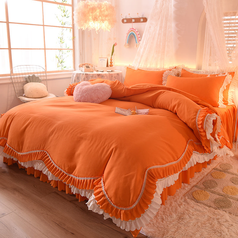 KTX-406355 Light Luxury Nude Four-Piece Lace Bed Sheet Set with Bed Skirt for Double Bed