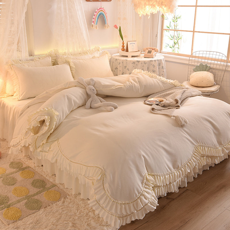 KTX-406355 Light Luxury Nude Four-Piece Lace Bed Sheet Set with Bed Skirt for Double Bed