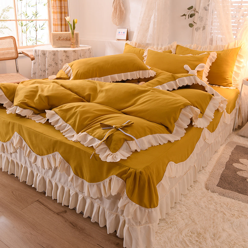 KTX-406355 Light Luxury Nude Four-Piece Lace Bed Sheet Set with Bed Skirt for Double Bed
