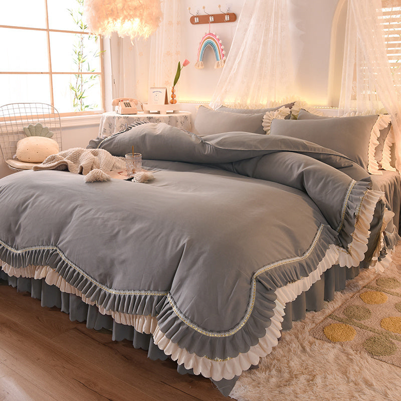 KTX-406355 Light Luxury Nude Four-Piece Lace Bed Sheet Set with Bed Skirt for Double Bed
