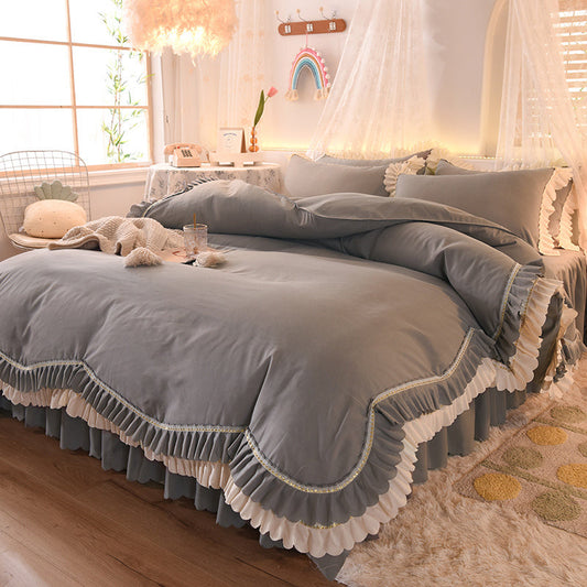 KTX-406355 Light Luxury Nude Four-Piece Lace Bed Sheet Set with Bed Skirt for Double Bed