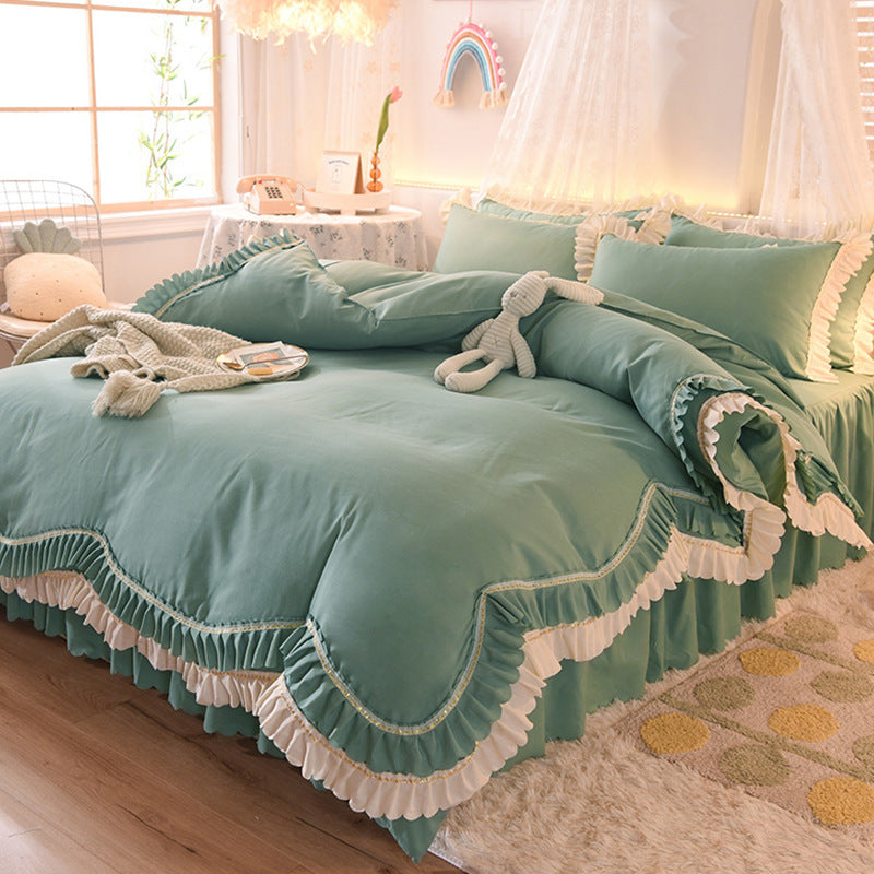 KTX-406355 Light Luxury Nude Four-Piece Lace Bed Sheet Set with Bed Skirt for Double Bed