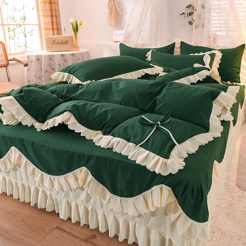 KTX-406355 Light Luxury Nude Four-Piece Lace Bed Sheet Set with Bed Skirt for Double Bed