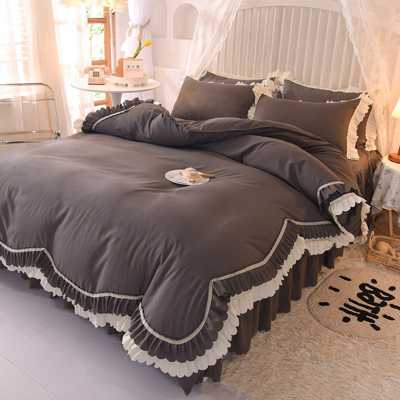 KTX-406355 Light Luxury Nude Four-Piece Lace Bed Sheet Set with Bed Skirt for Double Bed