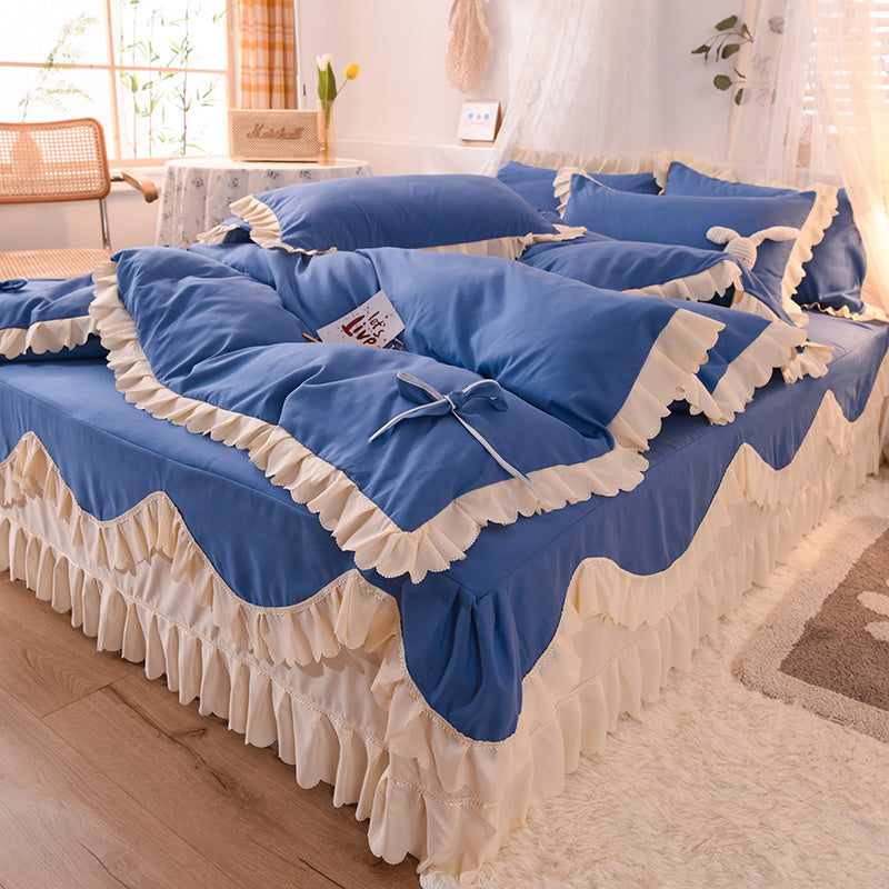 KTX-406355 Light Luxury Nude Four-Piece Lace Bed Sheet Set with Bed Skirt for Double Bed