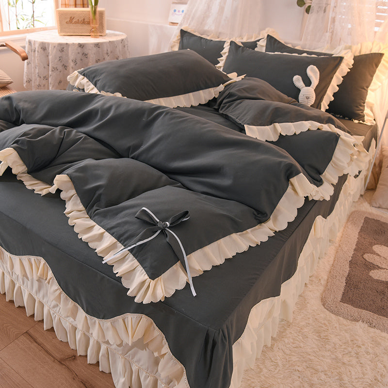 KTX-406355 Light Luxury Nude Four-Piece Lace Bed Sheet Set with Bed Skirt for Double Bed