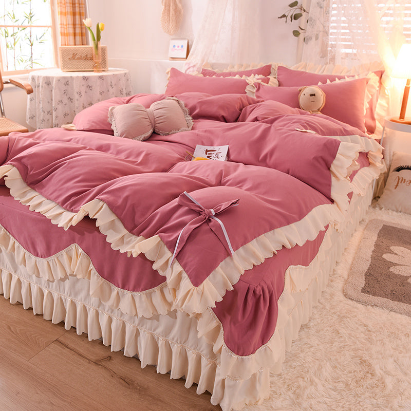 KTX-406355 Light Luxury Nude Four-Piece Lace Bed Sheet Set with Bed Skirt for Double Bed
