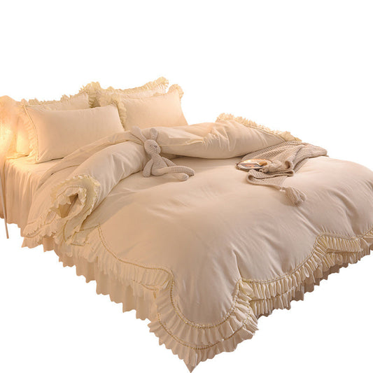 KTX-406355 Light Luxury Nude Four-Piece Lace Bed Sheet Set with Bed Skirt for Double Bed