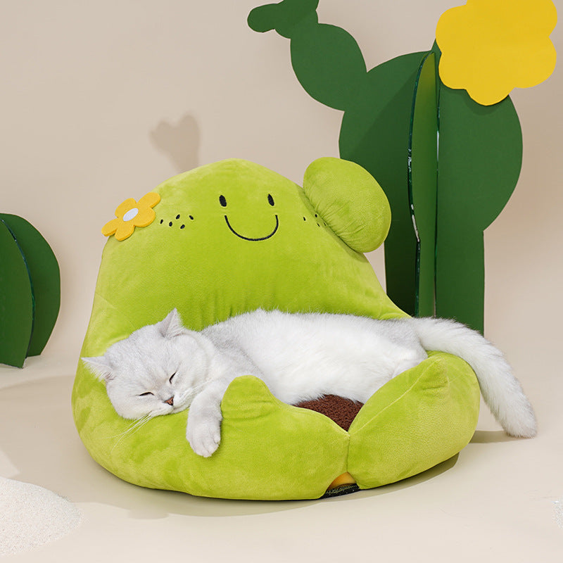 KTX-406803 Cozy Cactus Cat Bed with Removable Washable Cushion in Green Crystal Velvet