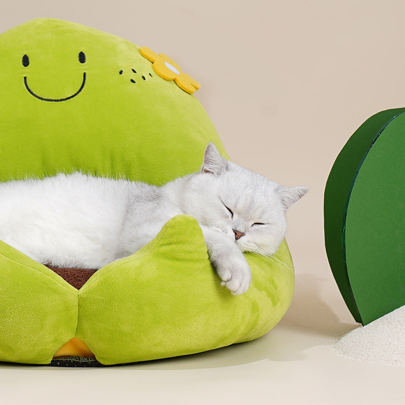 KTX-406803 Cozy Cactus Cat Bed with Removable Washable Cushion in Green Crystal Velvet