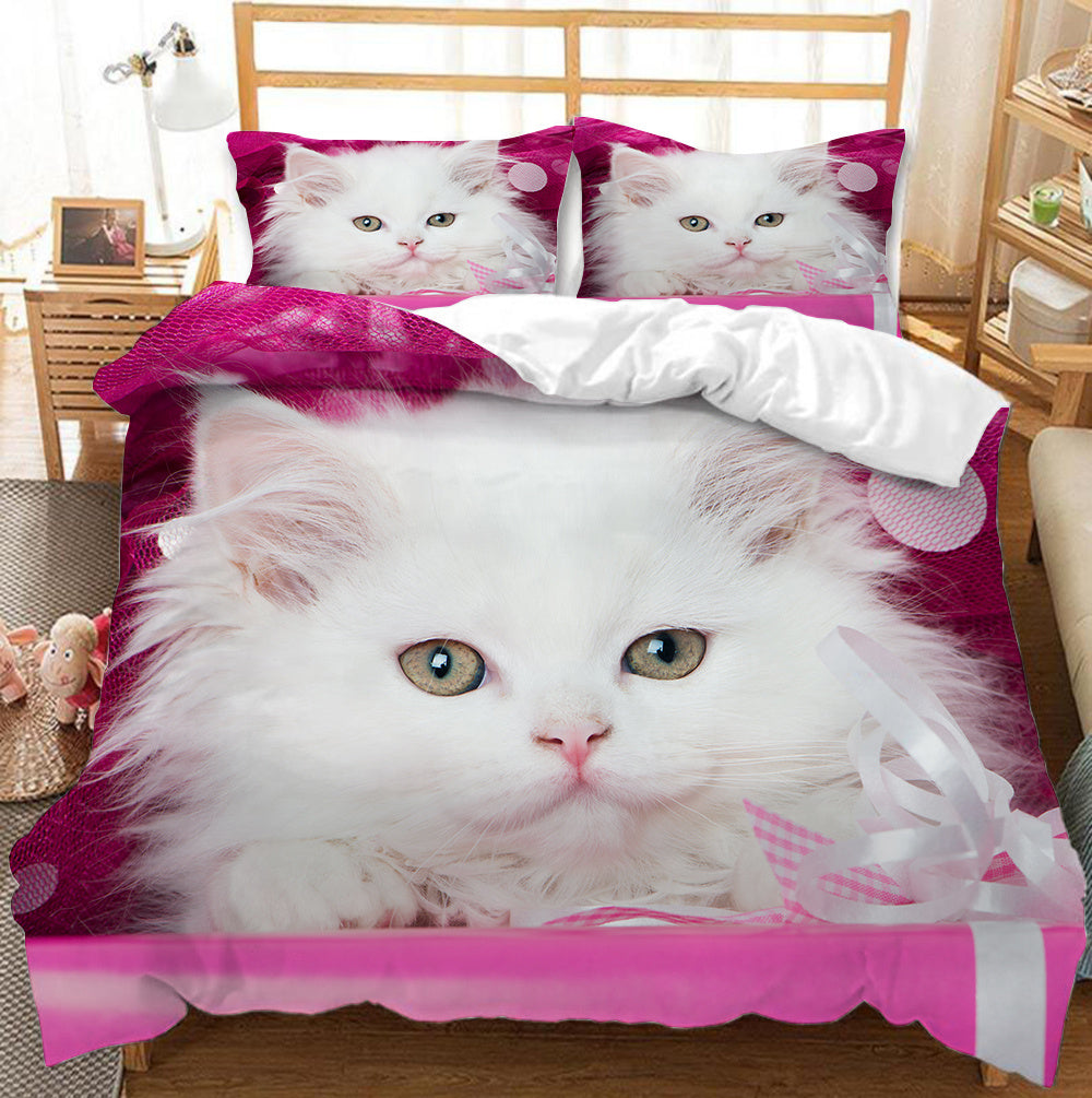 KTX-406995 Cute White Cat Bedding Set for Girls - Duvet Cover, Available in Multiple Sizes