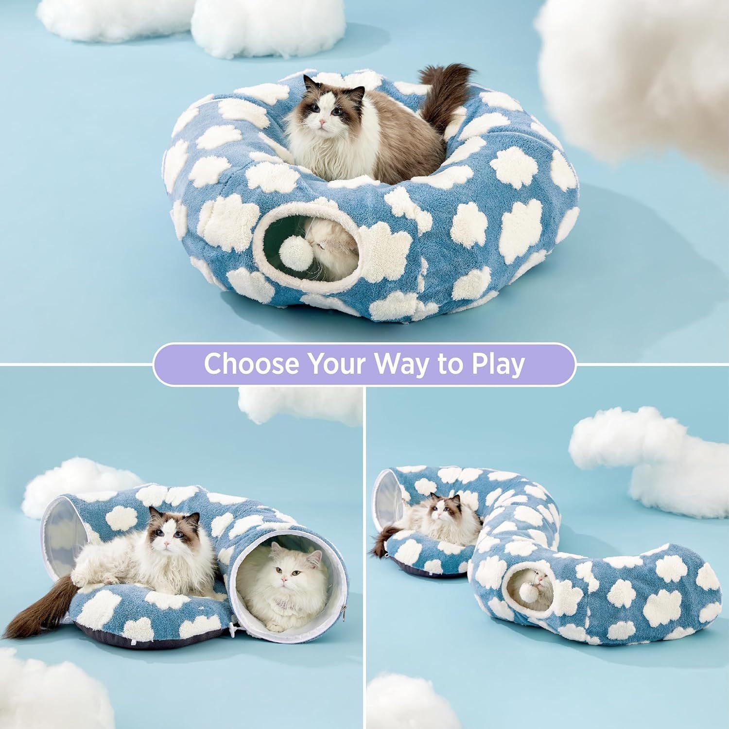 KTX-407955 Foldable Light Cloud Donut Cat Tunnel Nest - Cozy Cloth Bed for Cats, 80x26x20cm, Blue