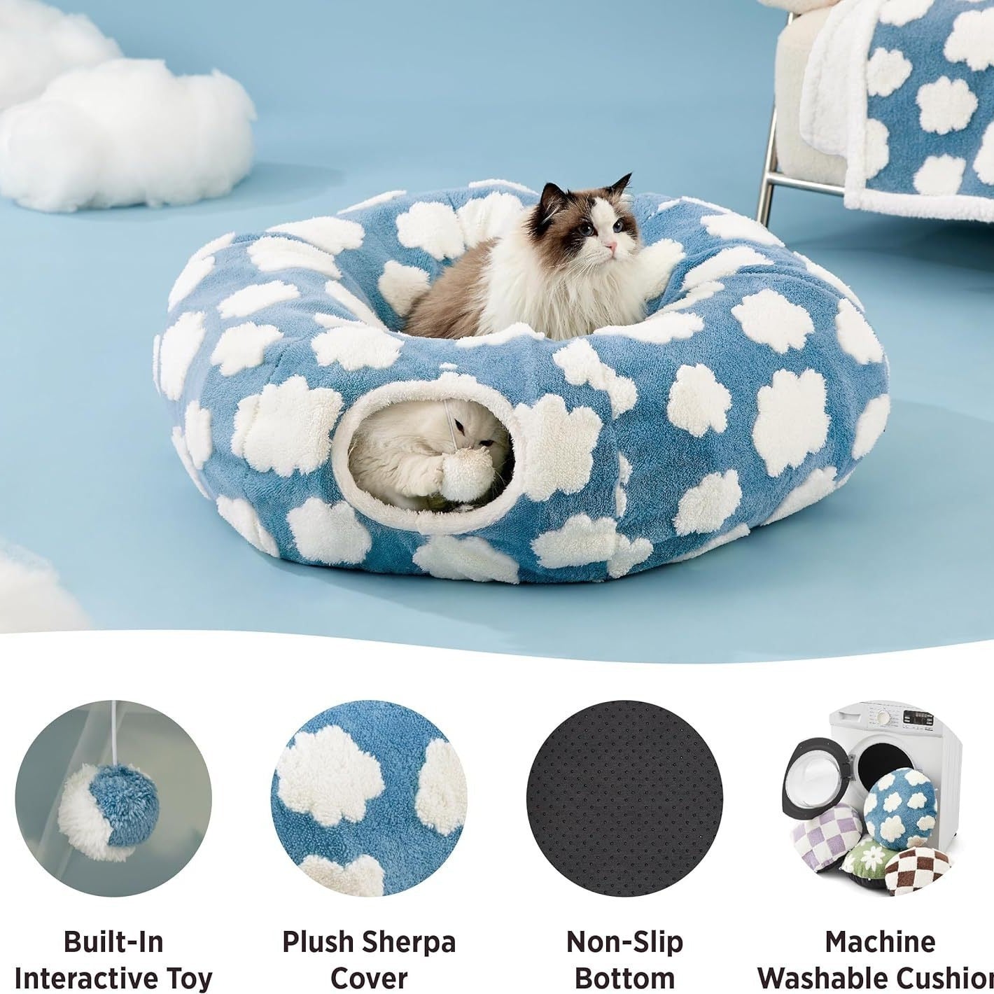 KTX-407955 Foldable Light Cloud Donut Cat Tunnel Nest - Cozy Cloth Bed for Cats, 80x26x20cm, Blue