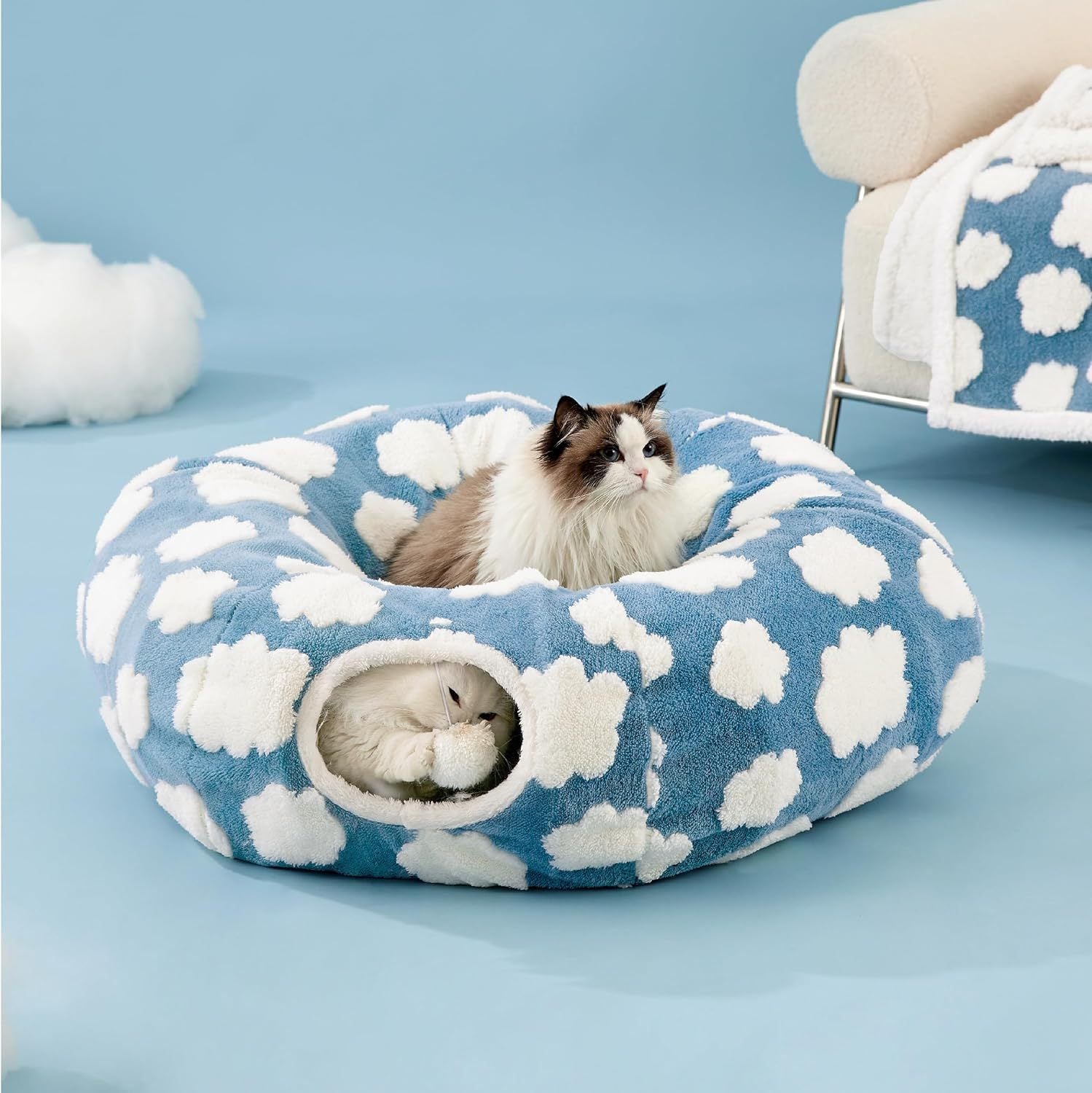 KTX-407955 Foldable Light Cloud Donut Cat Tunnel Nest - Cozy Cloth Bed for Cats, 80x26x20cm, Blue