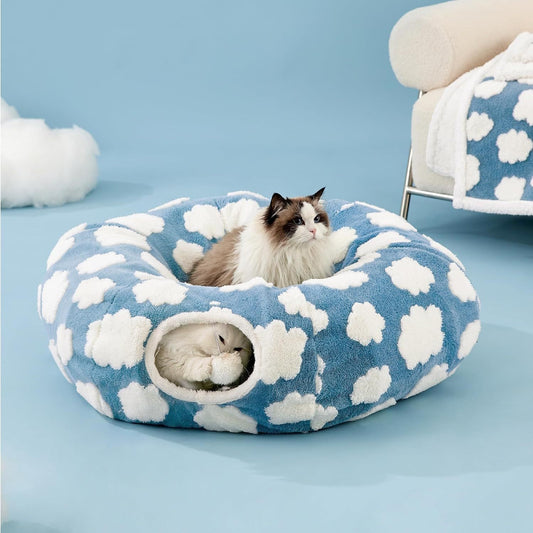 KTX-407955 Foldable Light Cloud Donut Cat Tunnel Nest - Cozy Cloth Bed for Cats, 80x26x20cm, Blue