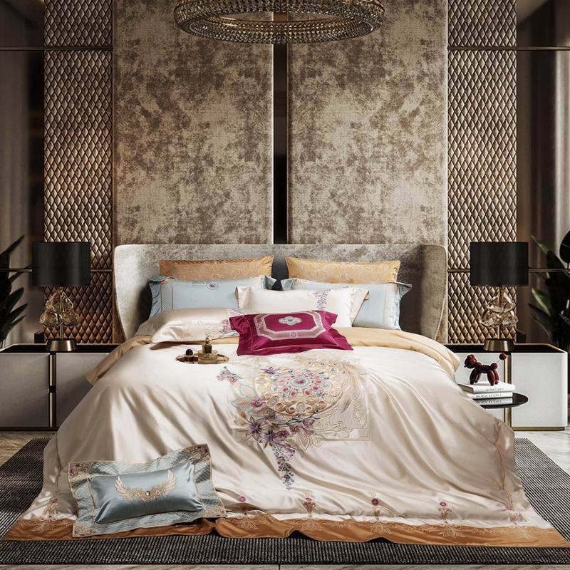 KTX-408147 Silk Cotton Embroidered Four-Piece Bedding Set for Standard and Plus Size Beds