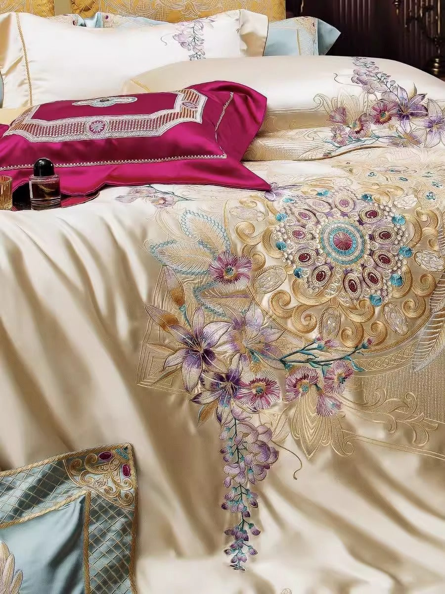KTX-408147 Silk Cotton Embroidered Four-Piece Bedding Set for Standard and Plus Size Beds