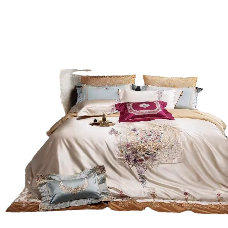 KTX-408147 Silk Cotton Embroidered Four-Piece Bedding Set for Standard and Plus Size Beds