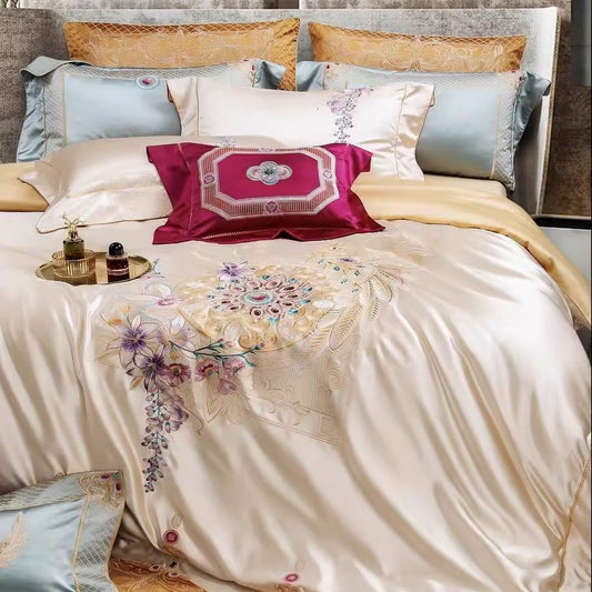 KTX-408147 Silk Cotton Embroidered Four-Piece Bedding Set for Standard and Plus Size Beds