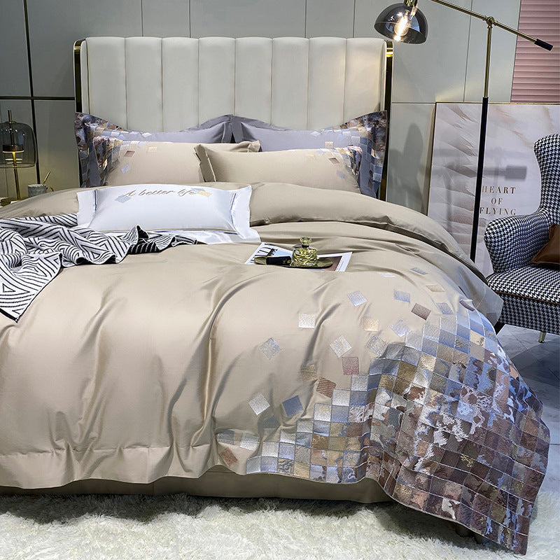 KTX-409299 Luxury Cotton Four-Piece Bedding Set with Geometric Pattern for 1.5-2m Beds
