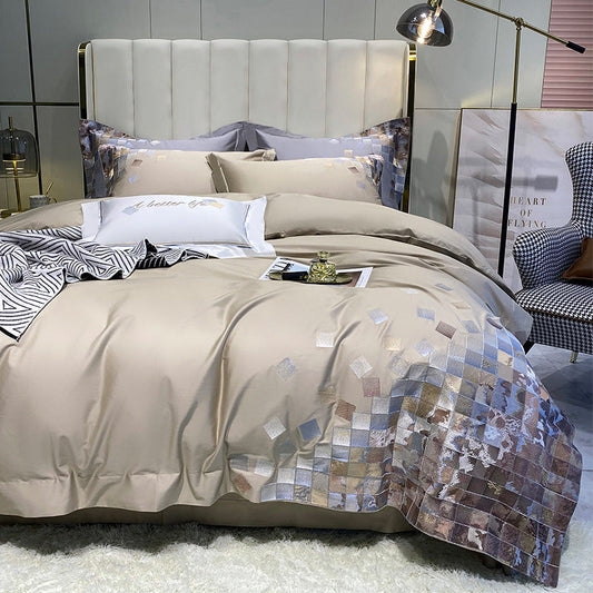 KTX-409299 Luxury Cotton Four-Piece Bedding Set with Geometric Pattern for 1.5-2m Beds