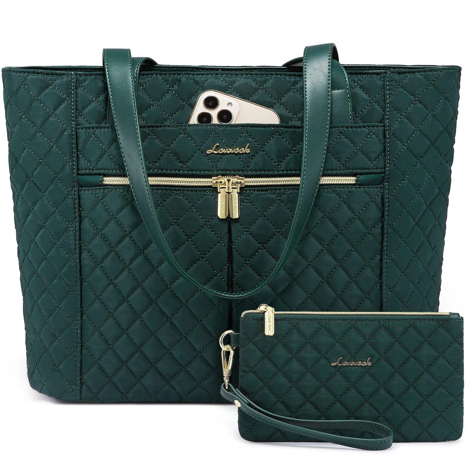 KTX-409363 Quilted Laptop Tote Bag Set with Clutch Purse and Stylish Shoulder Bags for Work or Travel