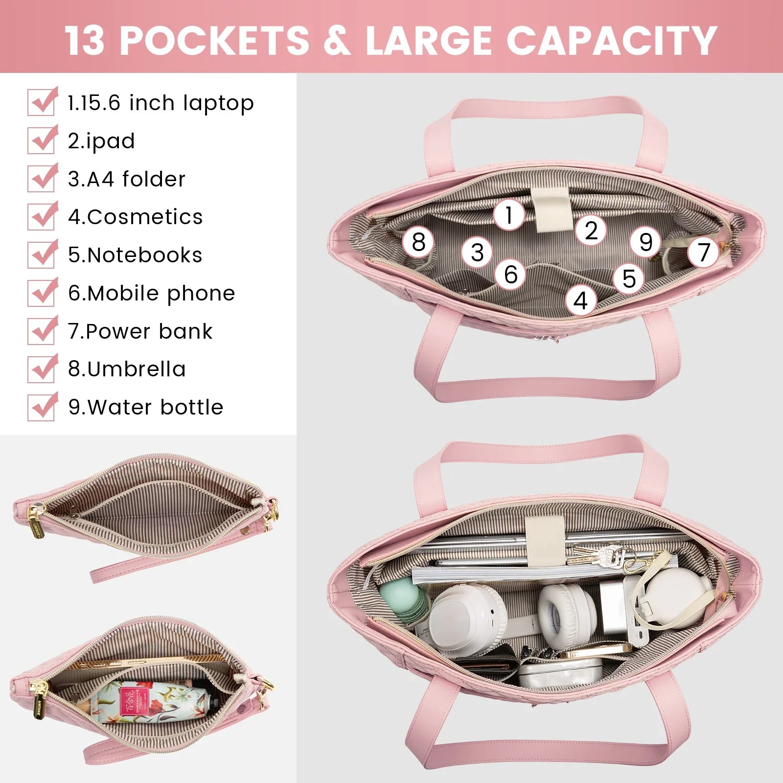 KTX-409363 Quilted Laptop Tote Bag Set with Clutch Purse and Stylish Shoulder Bags for Work or Travel