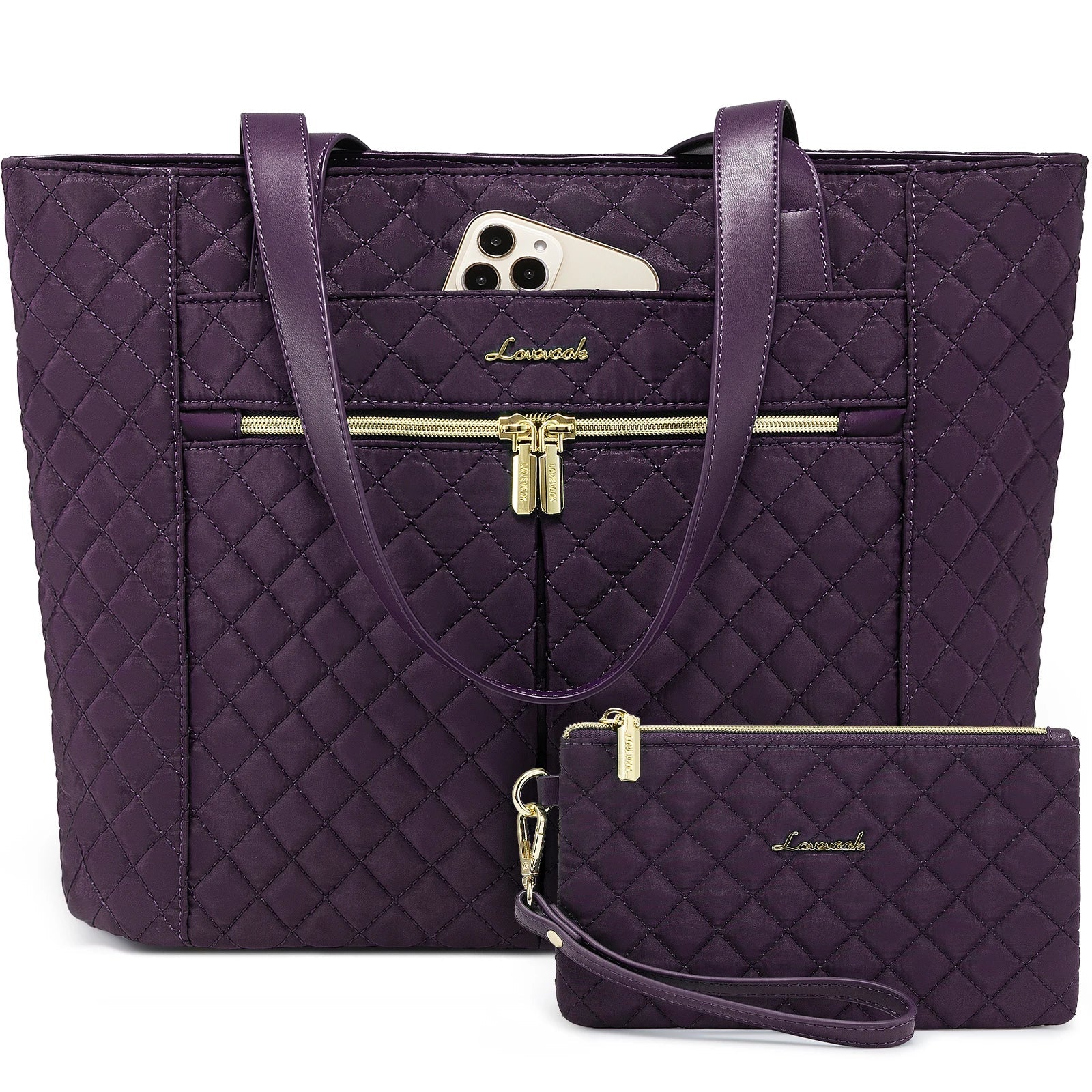 KTX-409363 Quilted Laptop Tote Bag Set with Clutch Purse and Stylish Shoulder Bags for Work or Travel