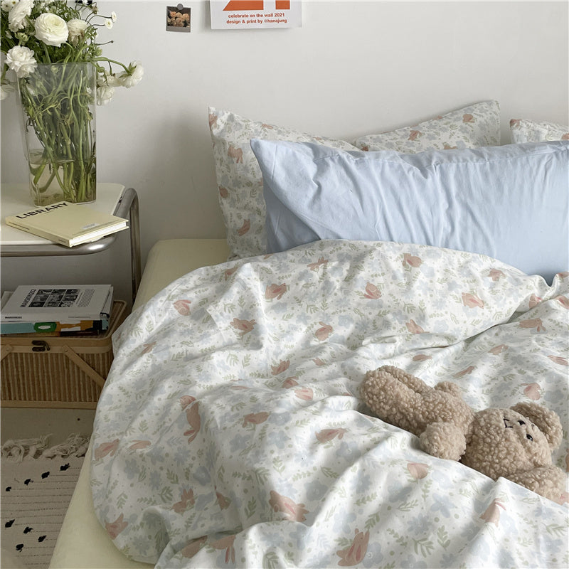 KTX-409811 Floral Cotton Bedding Set 4-Piece for Summer - Available in Multiple Sizes
