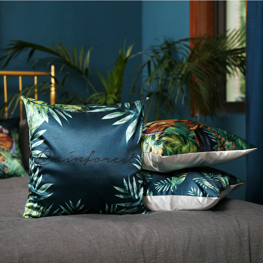 KTX-409875 Modern Tropical Bird and Leaf Print Satin Pillowcase