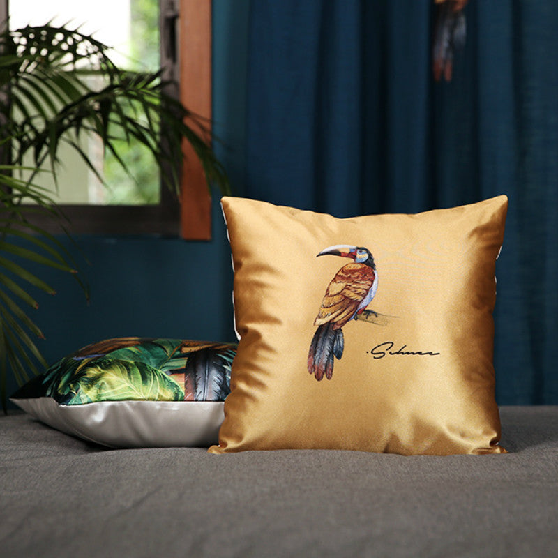 KTX-409875 Modern Tropical Bird and Leaf Print Satin Pillowcase