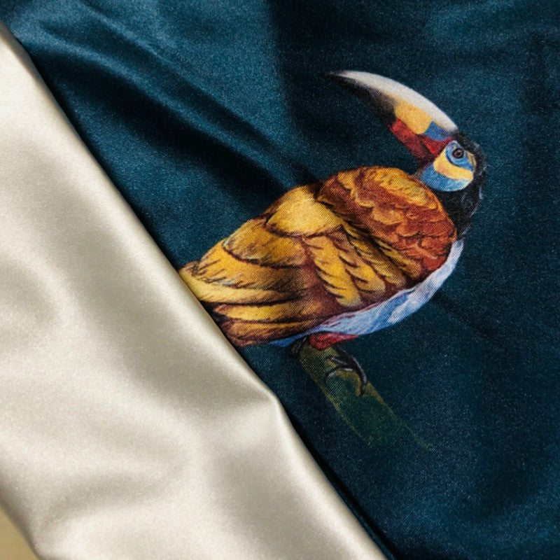 KTX-409875 Modern Tropical Bird and Leaf Print Satin Pillowcase