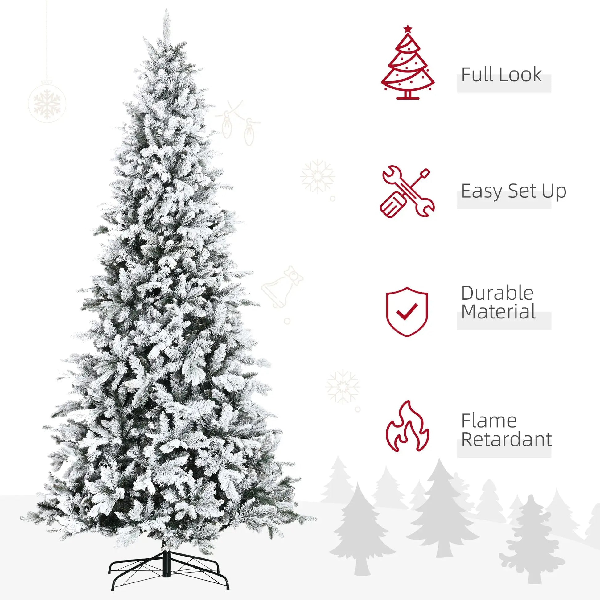 KTX-411731 9ft Snow-Flocked Artificial Christmas Tree with 616 Realistic Cedar Branches, Automatic Open, Green Downswept Design