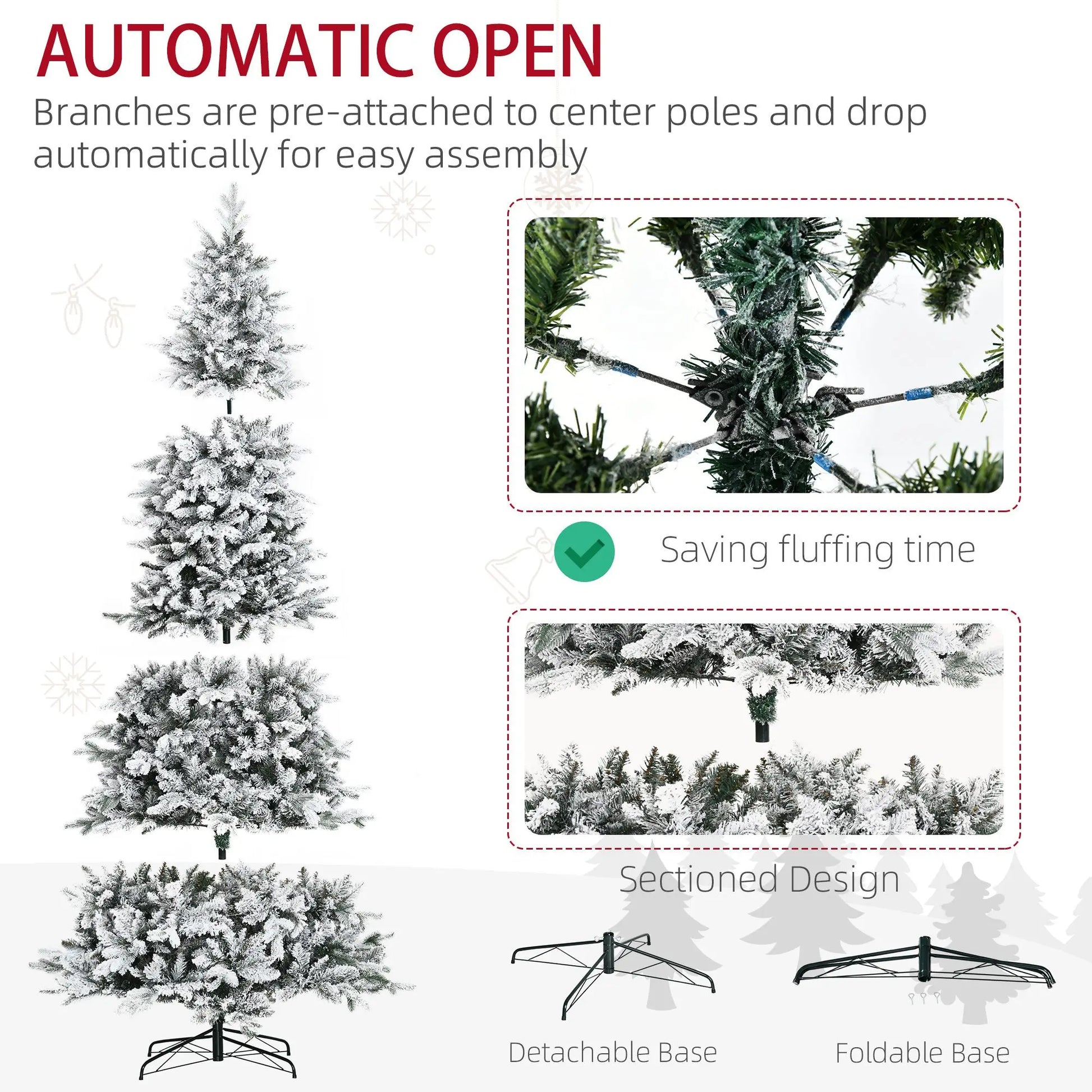 KTX-411731 9ft Snow-Flocked Artificial Christmas Tree with 616 Realistic Cedar Branches, Automatic Open, Green Downswept Design