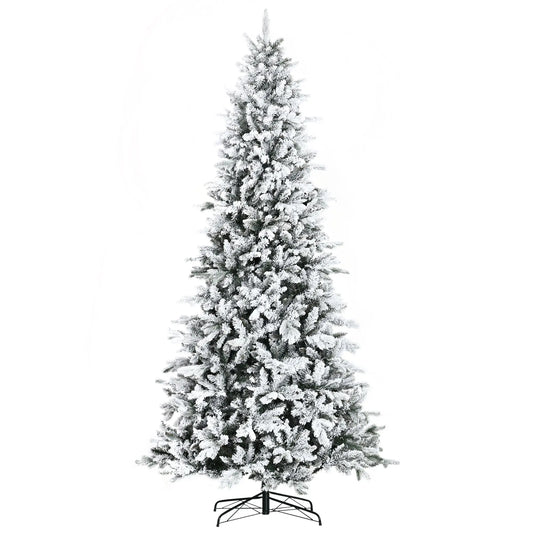 KTX-411731 9ft Snow-Flocked Artificial Christmas Tree with 616 Realistic Cedar Branches, Automatic Open, Green Downswept Design