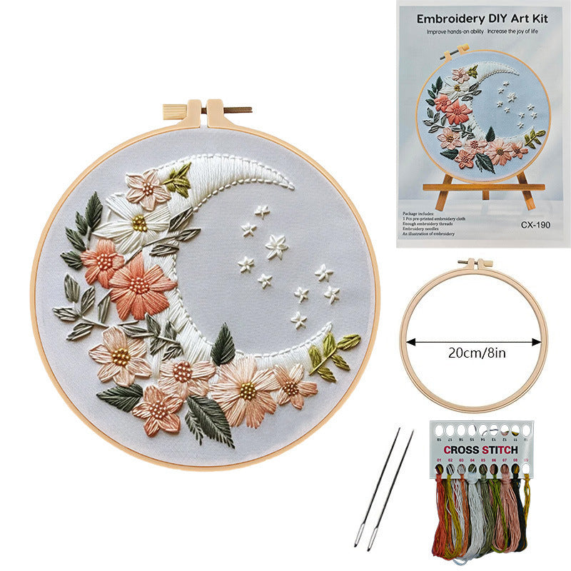 KTX-414419 Embroidery DIY Material Set with Silver Moon, Dragonfly, Autumn Leaves, and Butterfly Patterns